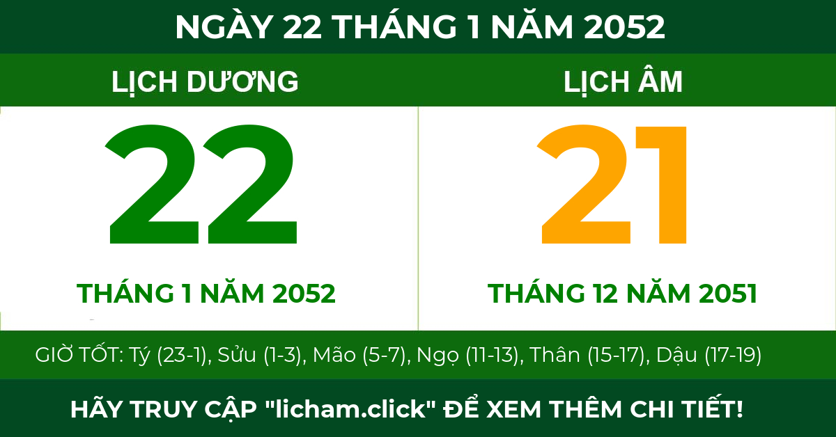 lịch âm ngày 22 tháng 1 năm 2052