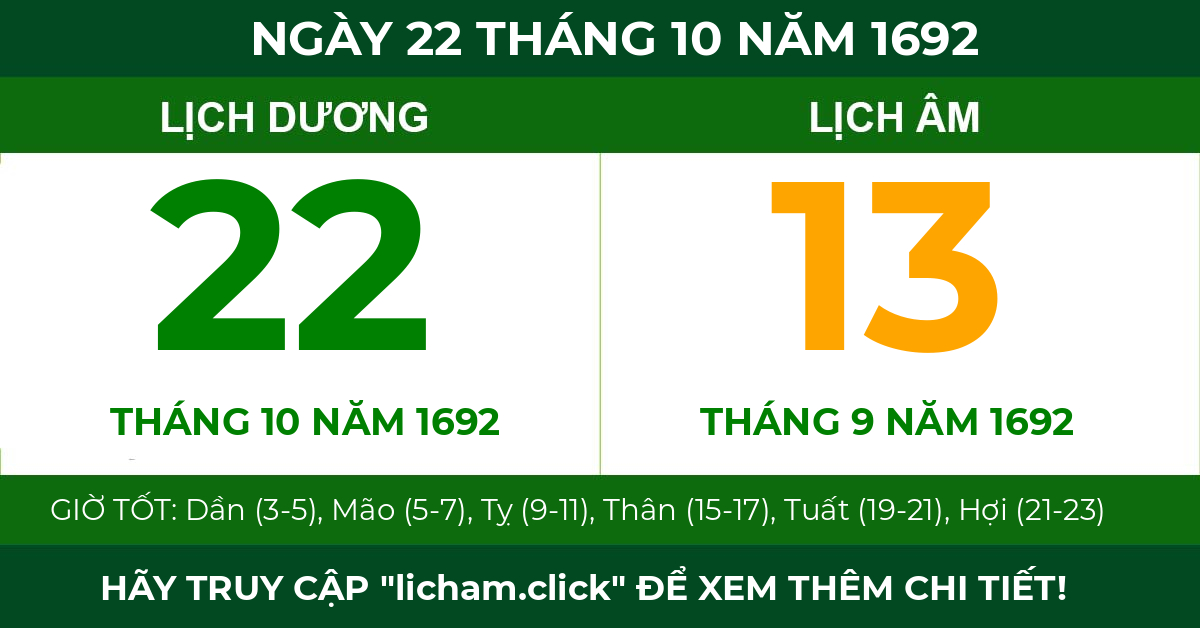 lịch âm ngày 22 tháng 10 năm 1692