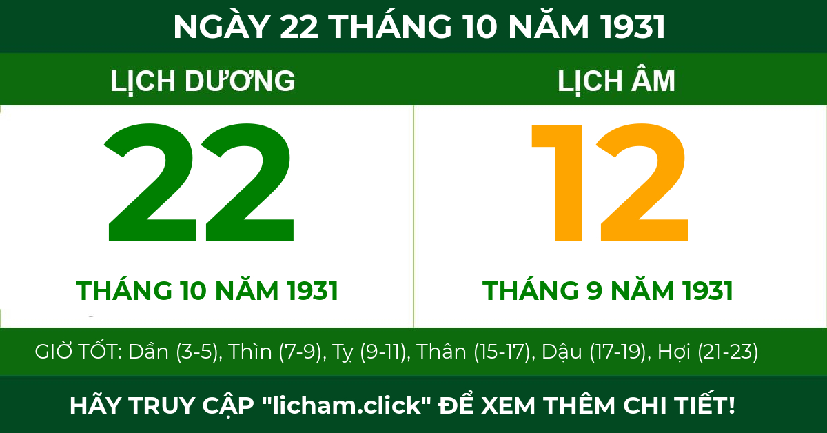 lịch âm ngày 22 tháng 10 năm 1931