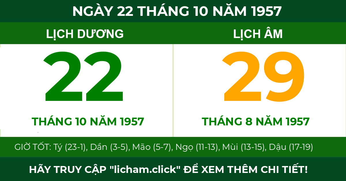 lịch âm ngày 22 tháng 10 năm 1957