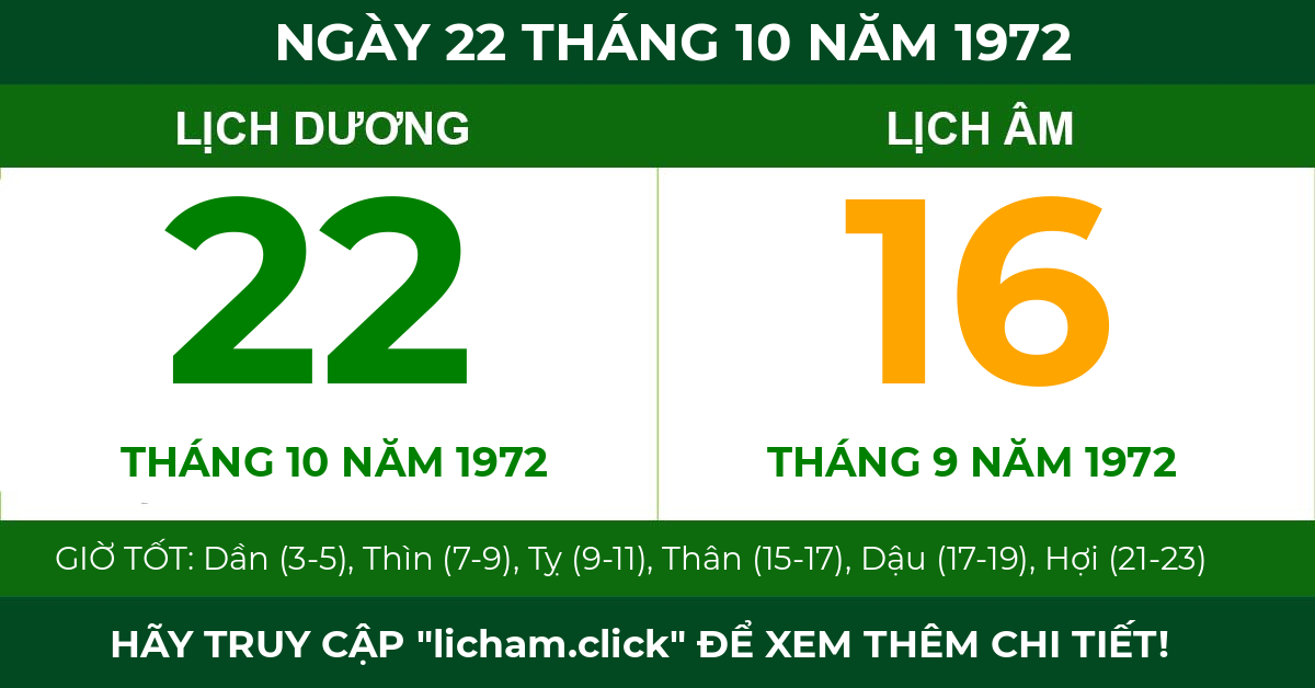 lịch âm ngày 22 tháng 10 năm 1972