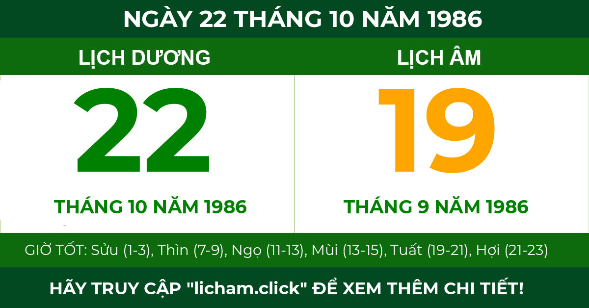 lịch âm ngày 22 tháng 10 năm 1986