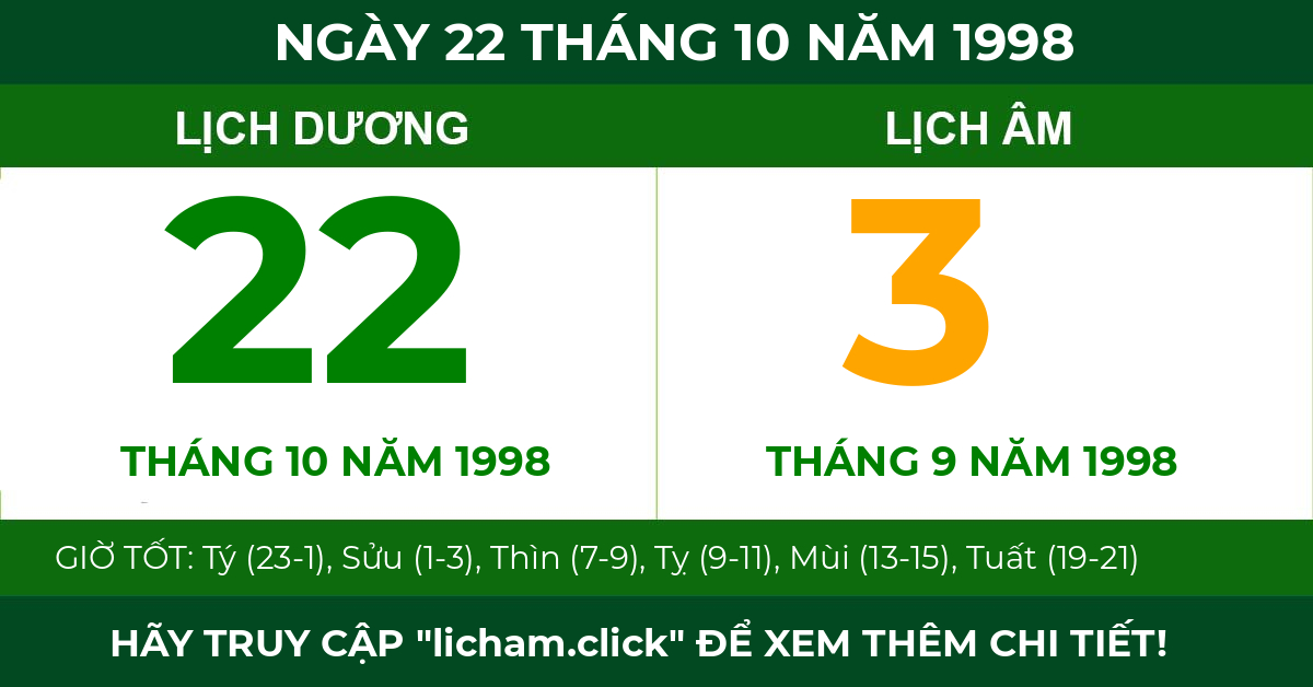 lịch âm ngày 22 tháng 10 năm 1998