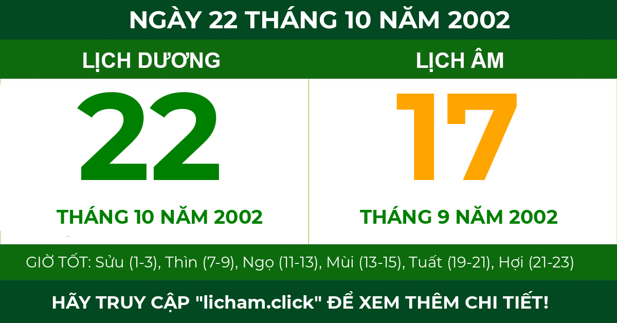 lịch âm ngày 22 tháng 10 năm 2002