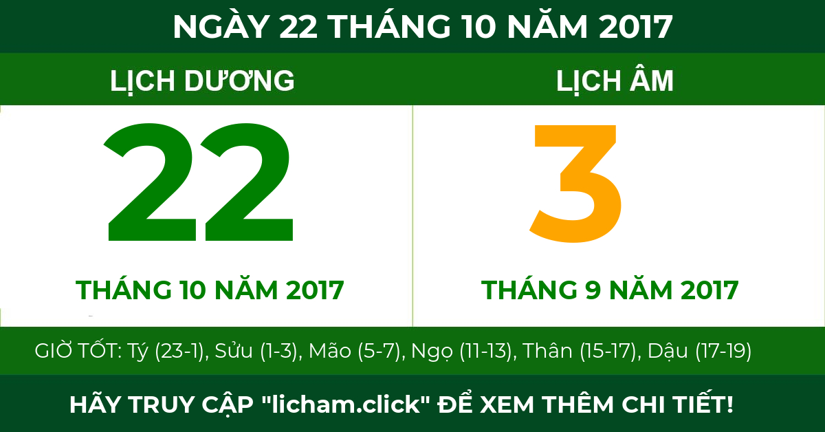 lịch âm ngày 22 tháng 10 năm 2017
