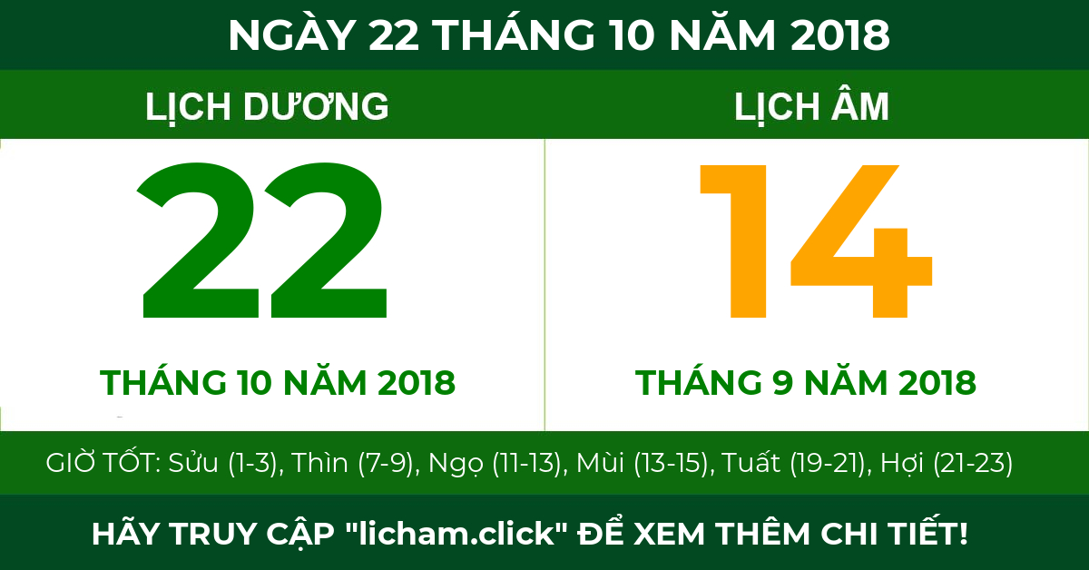 lịch âm ngày 22 tháng 10 năm 2018