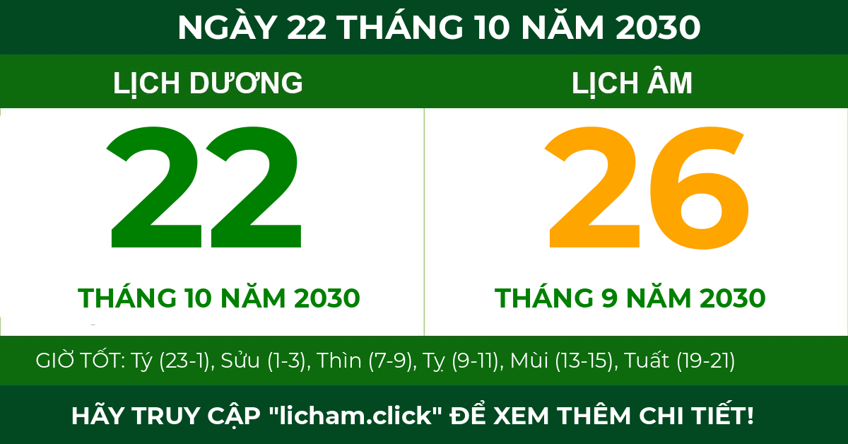lịch âm ngày 22 tháng 10 năm 2030