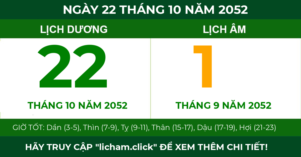 lịch âm ngày 22 tháng 10 năm 2052