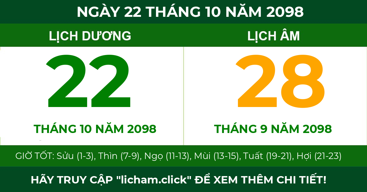 lịch âm ngày 22 tháng 10 năm 2098
