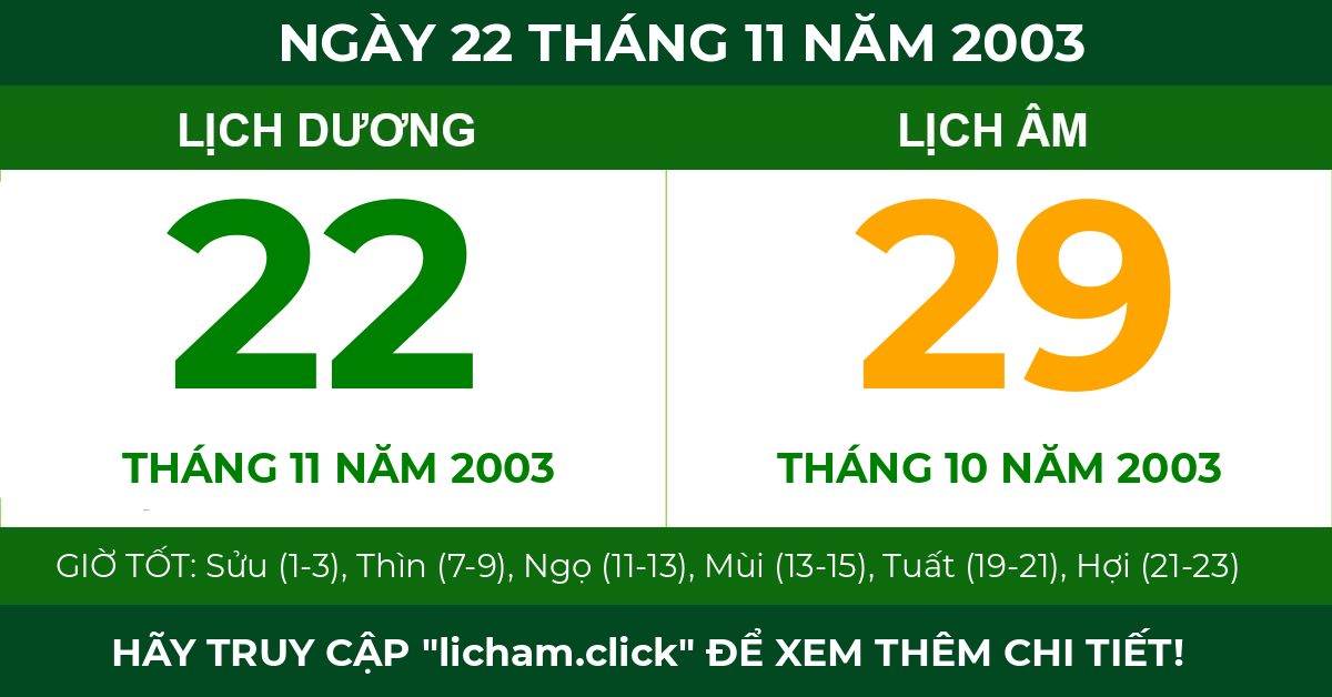 lịch âm ngày 22 tháng 11 năm 2003
