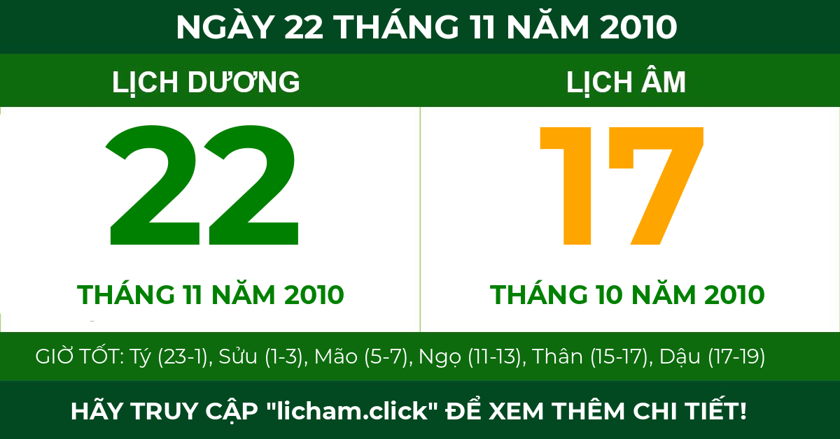 lịch âm ngày 22 tháng 11 năm 2010