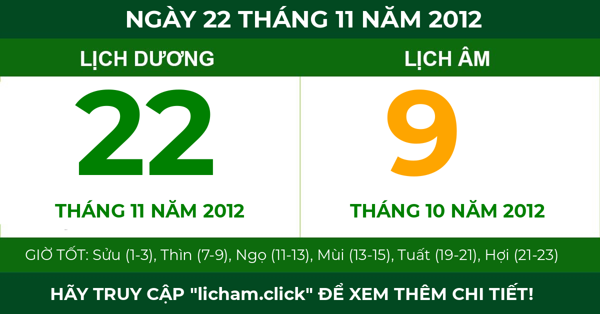 lịch âm ngày 22 tháng 11 năm 2012