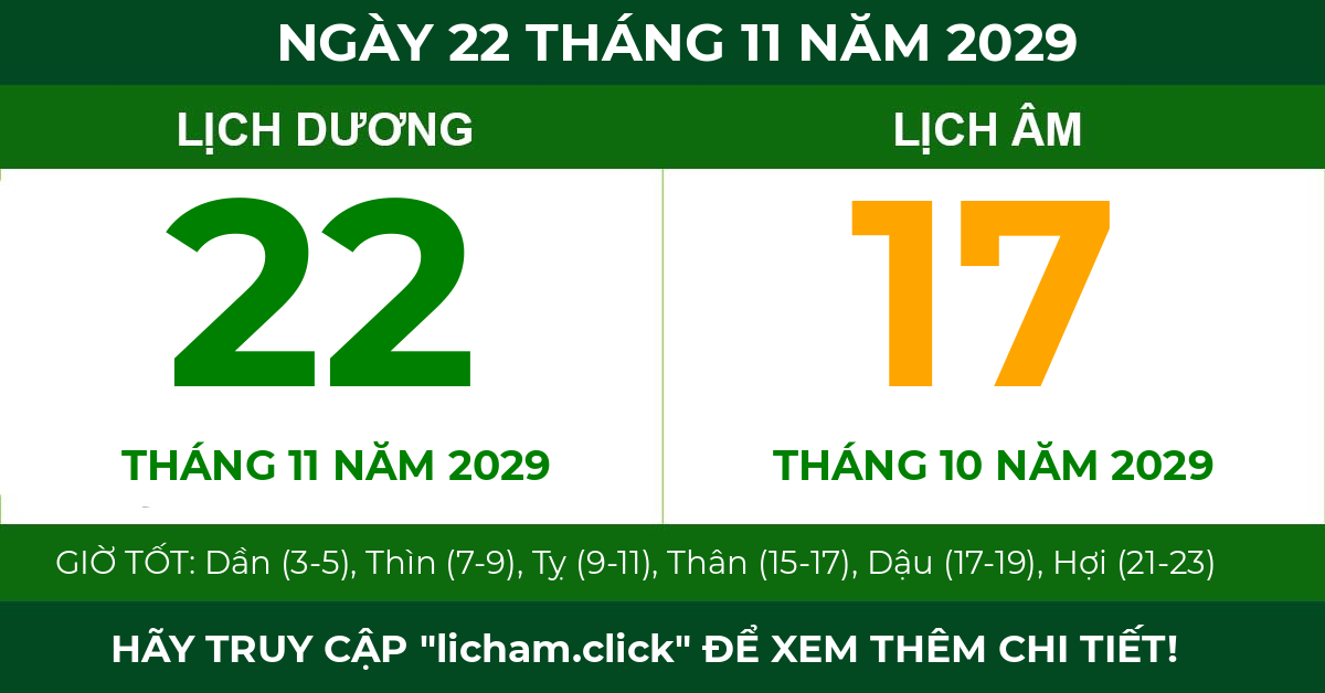 lịch âm ngày 22 tháng 11 năm 2029