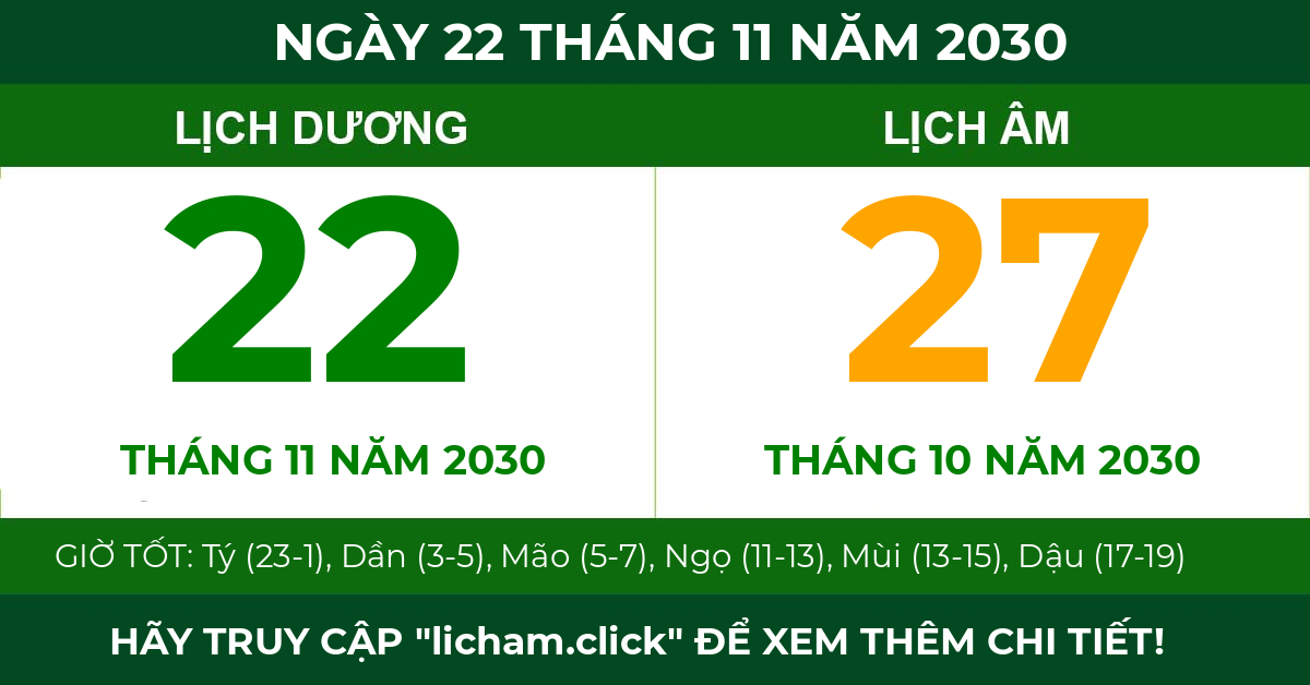 lịch âm ngày 22 tháng 11 năm 2030