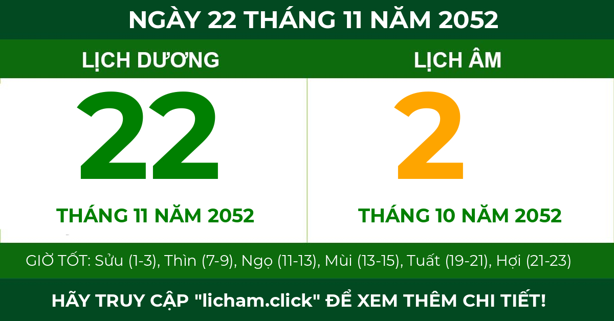 lịch âm ngày 22 tháng 11 năm 2052