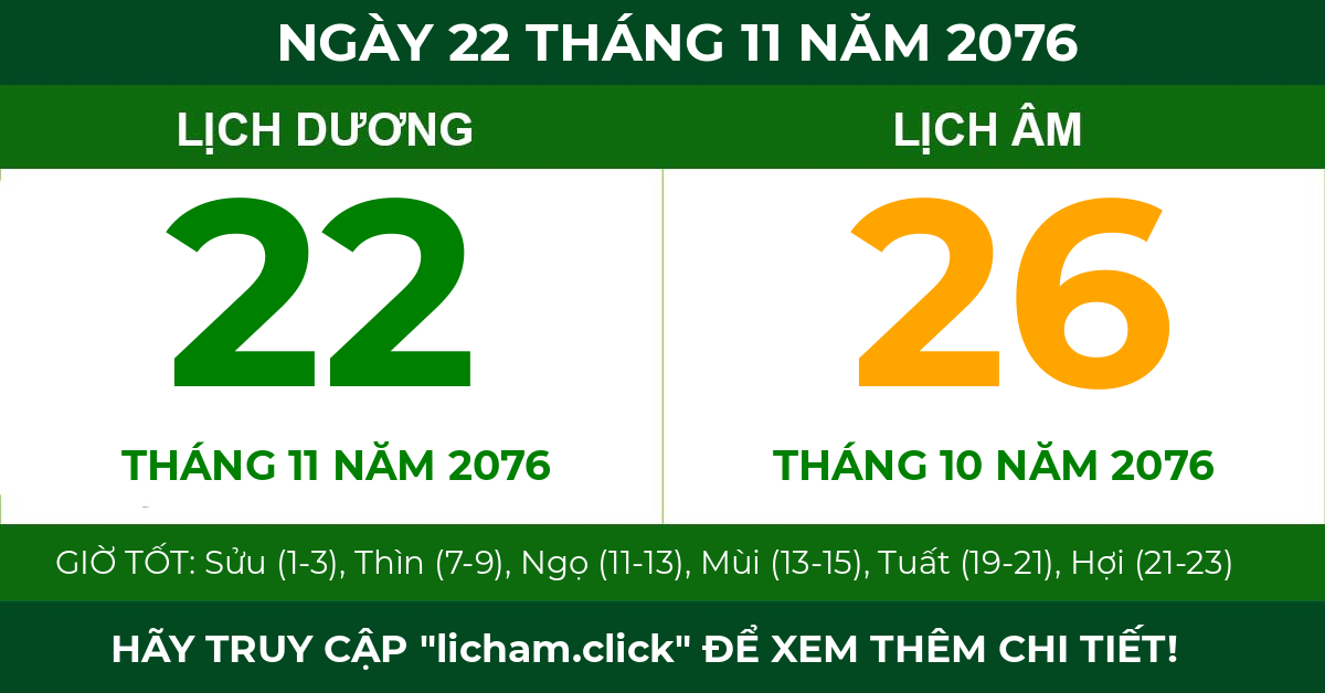 lịch âm ngày 22 tháng 11 năm 2076
