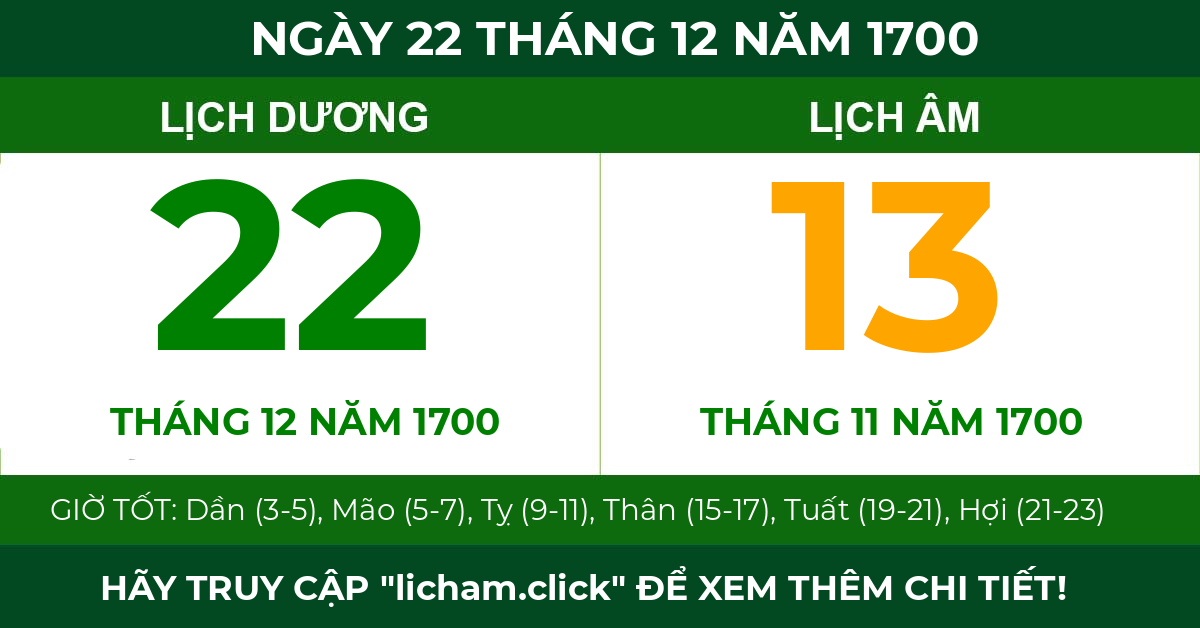 lịch âm ngày 22 tháng 12 năm 1700