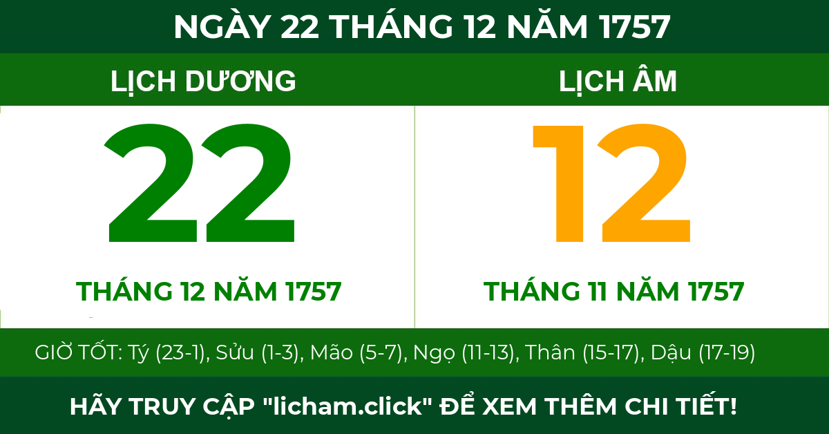 lịch âm ngày 22 tháng 12 năm 1757