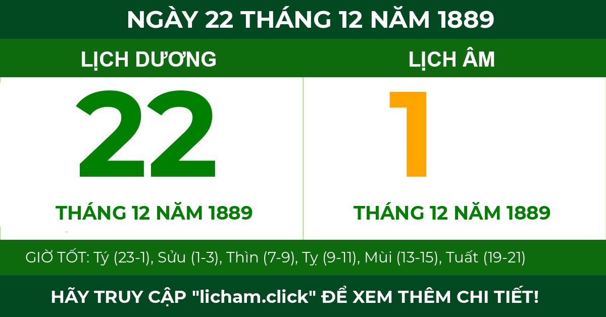 lịch âm ngày 22 tháng 12 năm 1889