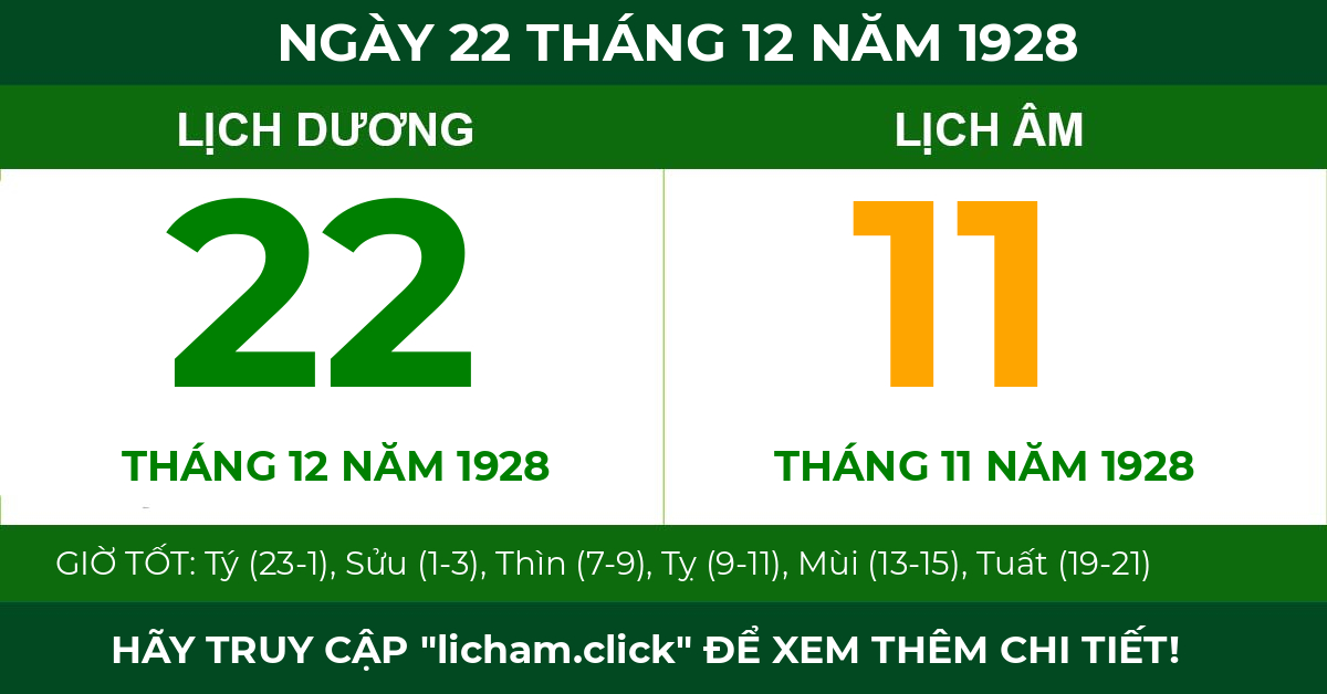 lịch âm ngày 22 tháng 12 năm 1928