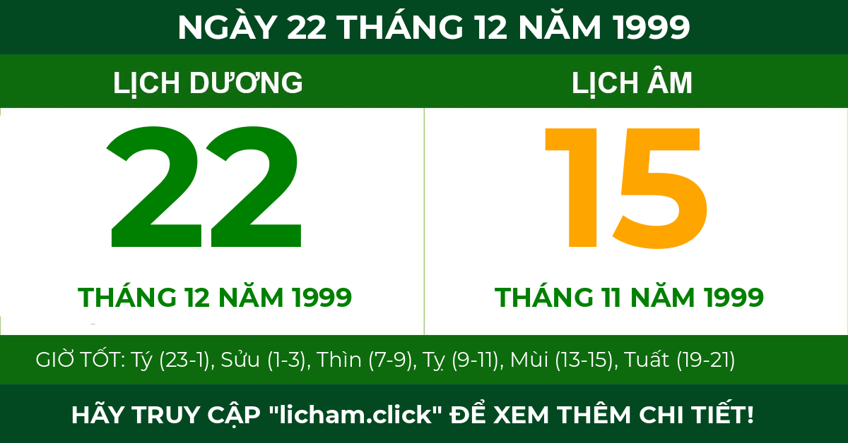 lịch âm ngày 22 tháng 12 năm 1999