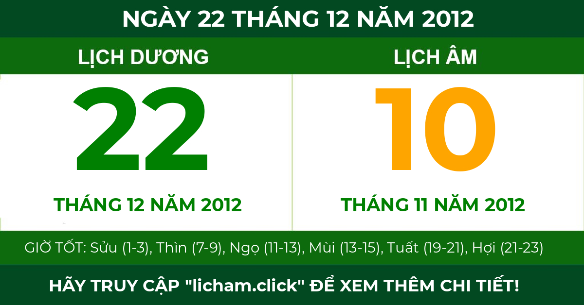 lịch âm ngày 22 tháng 12 năm 2012