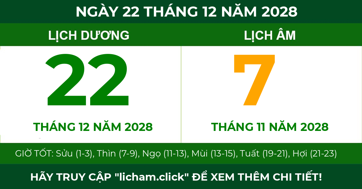 lịch âm ngày 22 tháng 12 năm 2028