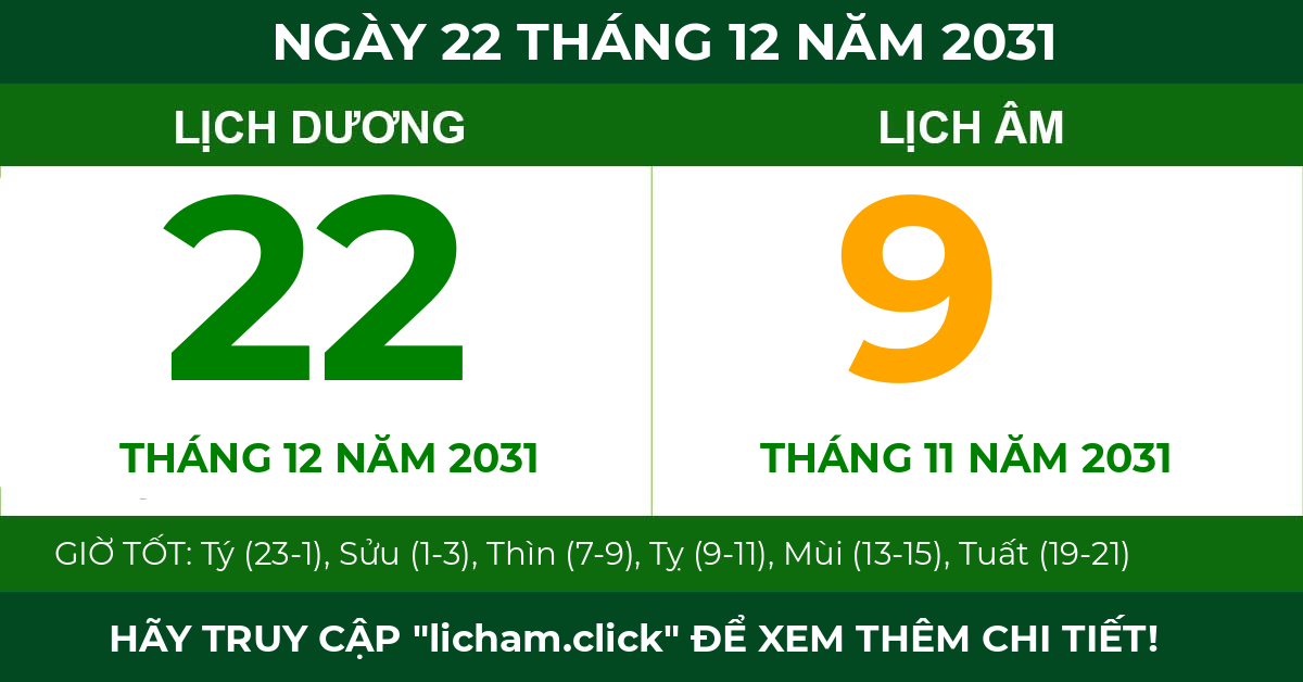 lịch âm ngày 22 tháng 12 năm 2031