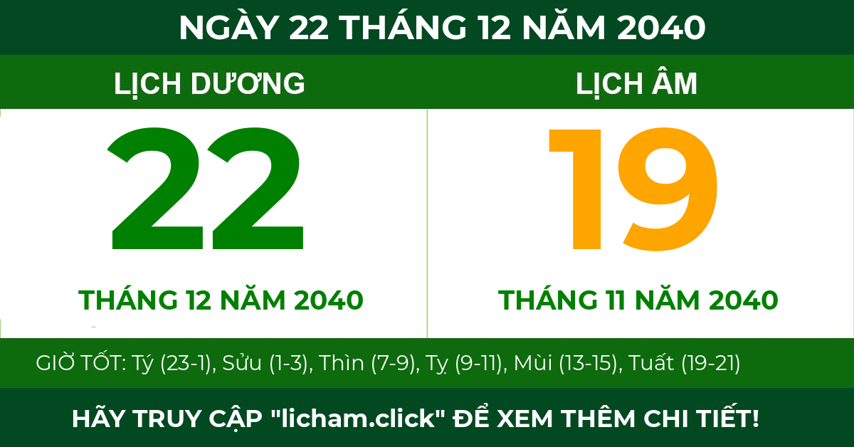 lịch âm ngày 22 tháng 12 năm 2040