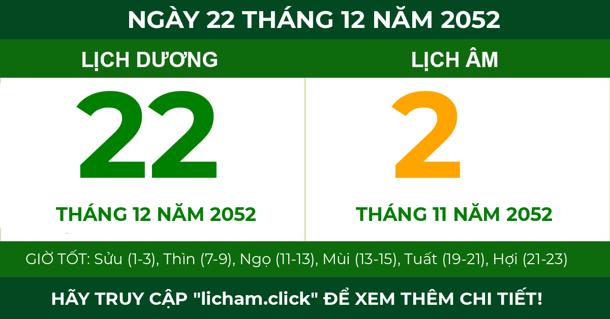 lịch âm ngày 22 tháng 12 năm 2052