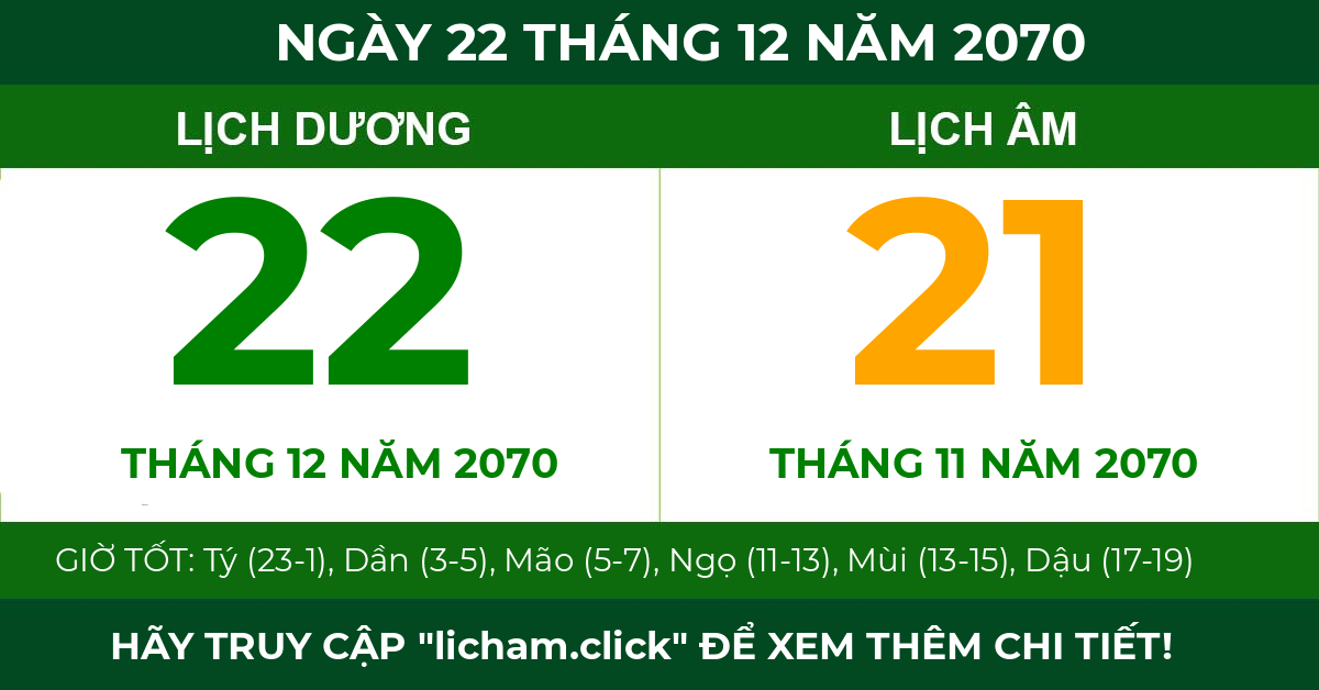 lịch âm ngày 22 tháng 12 năm 2070