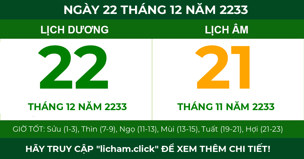 lịch âm ngày 22 tháng 12 năm 2233
