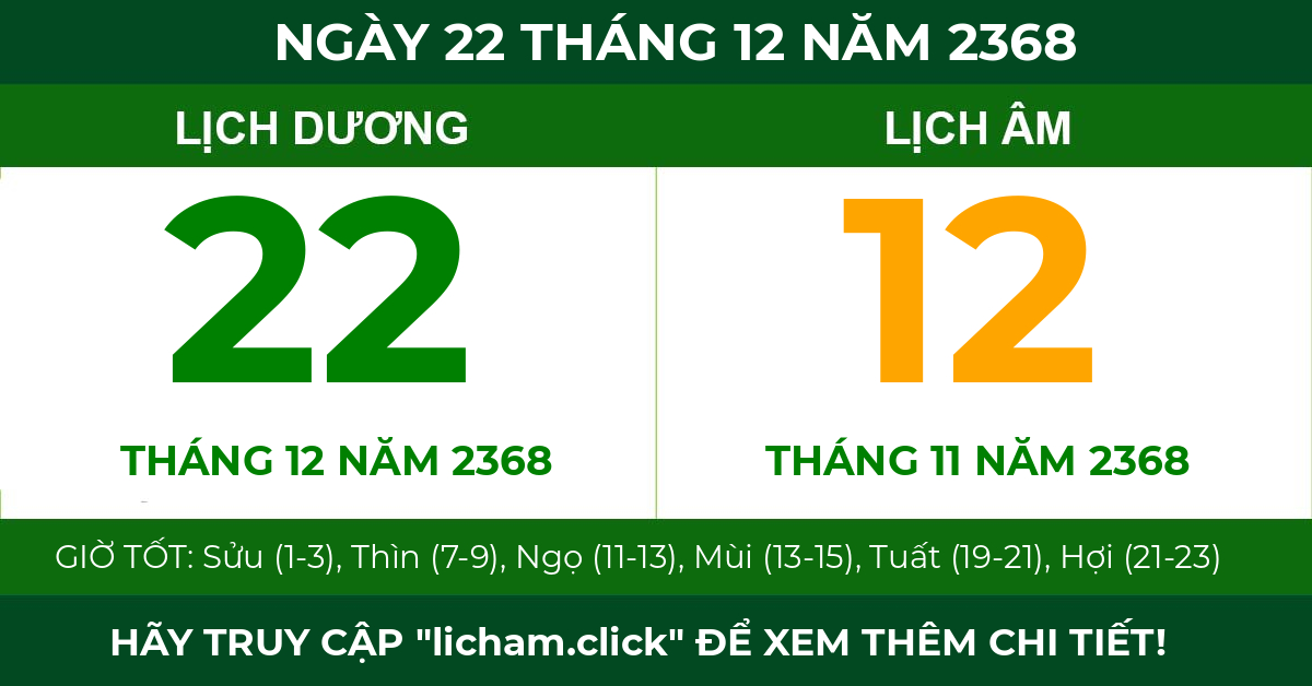 lịch âm ngày 22 tháng 12 năm 2368
