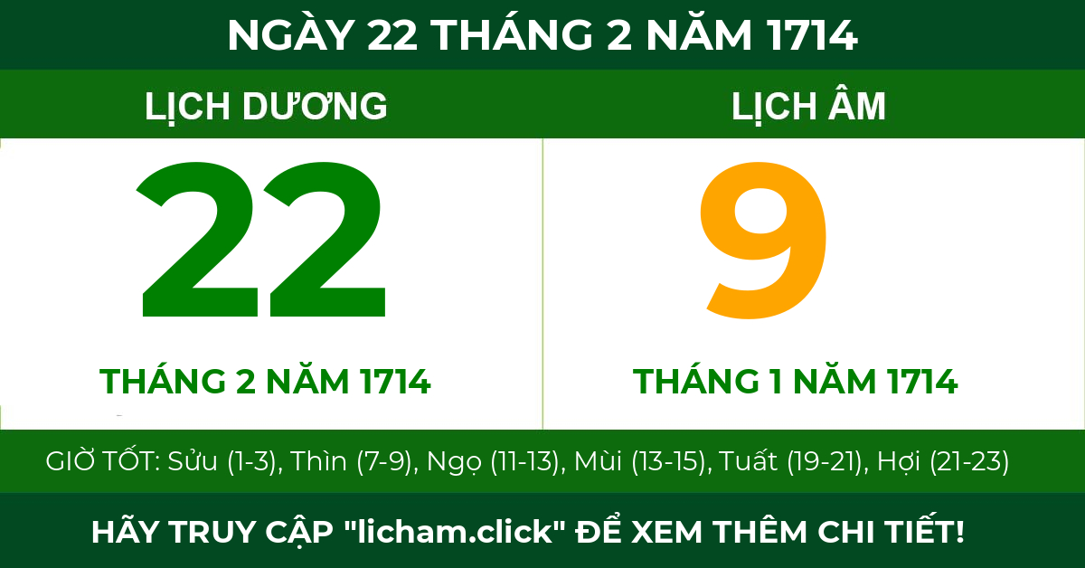 lịch âm ngày 22 tháng 2 năm 1714