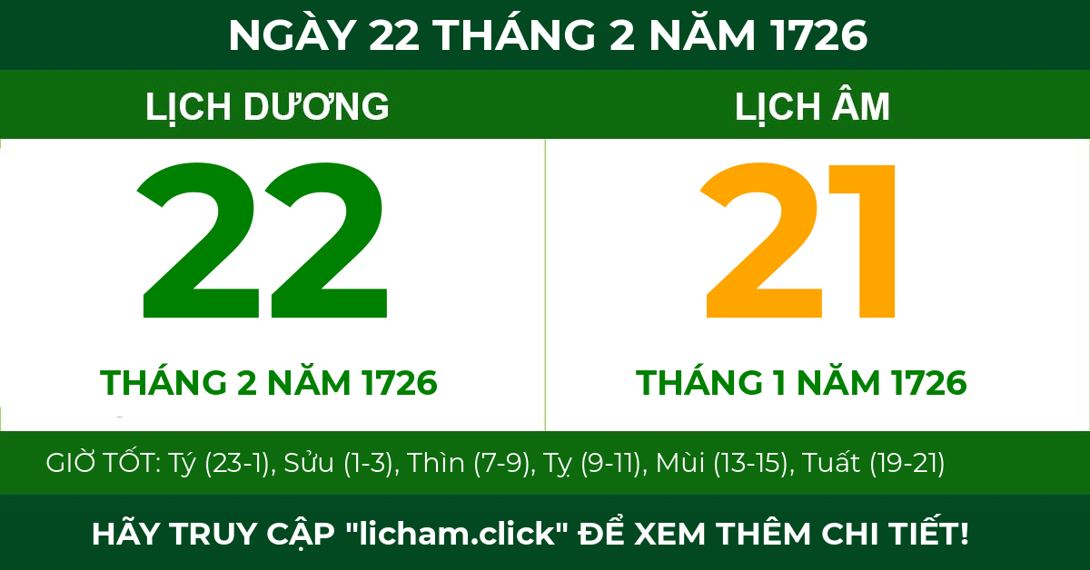 lịch âm ngày 22 tháng 2 năm 1726