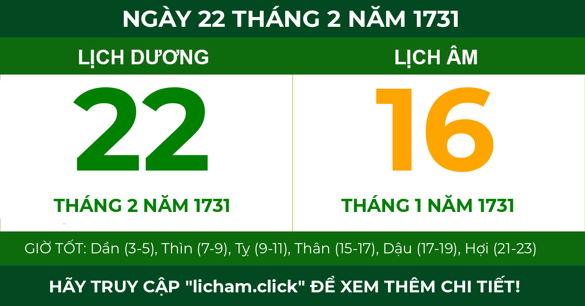 lịch âm ngày 22 tháng 2 năm 1731