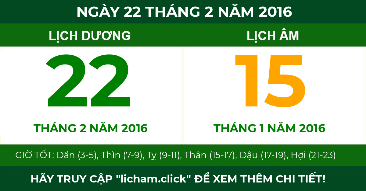 lịch âm ngày 22 tháng 2 năm 2016