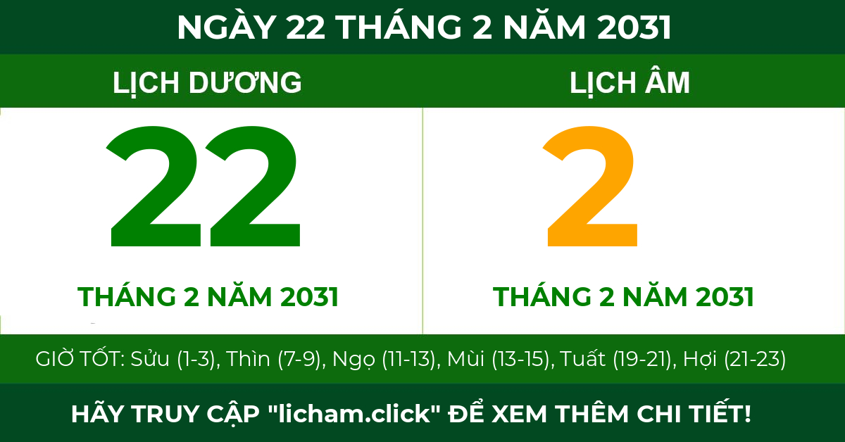 lịch âm ngày 22 tháng 2 năm 2031