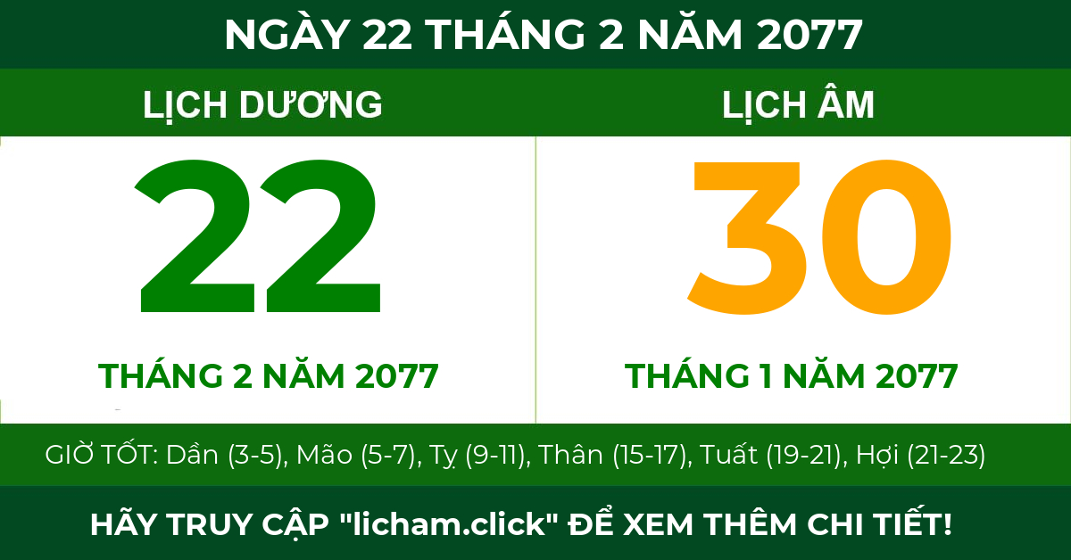 lịch âm ngày 22 tháng 2 năm 2077