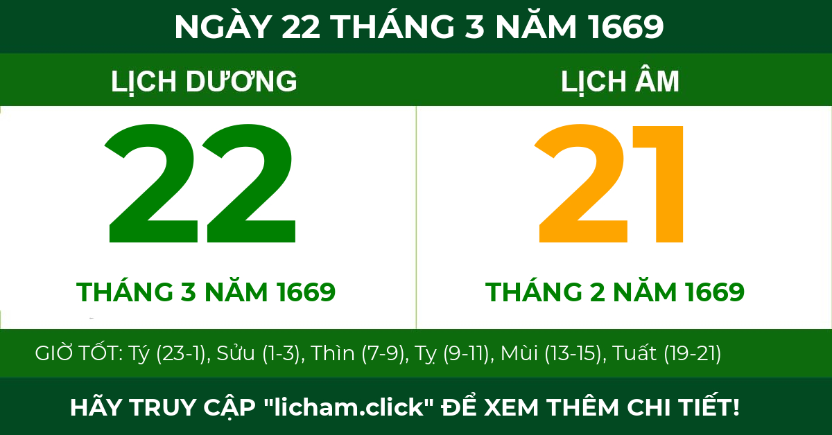 lịch âm ngày 22 tháng 3 năm 1669