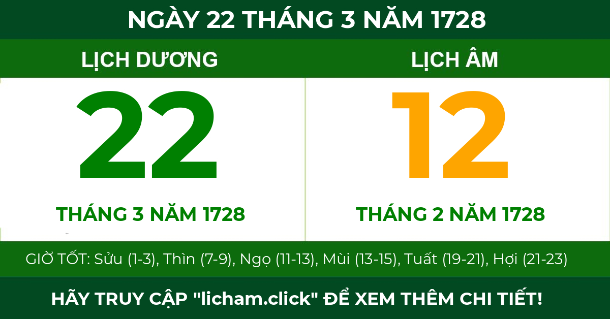 lịch âm ngày 22 tháng 3 năm 1728