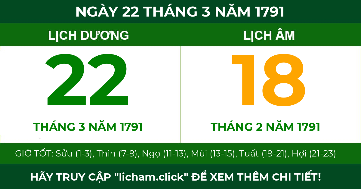 lịch âm ngày 22 tháng 3 năm 1791