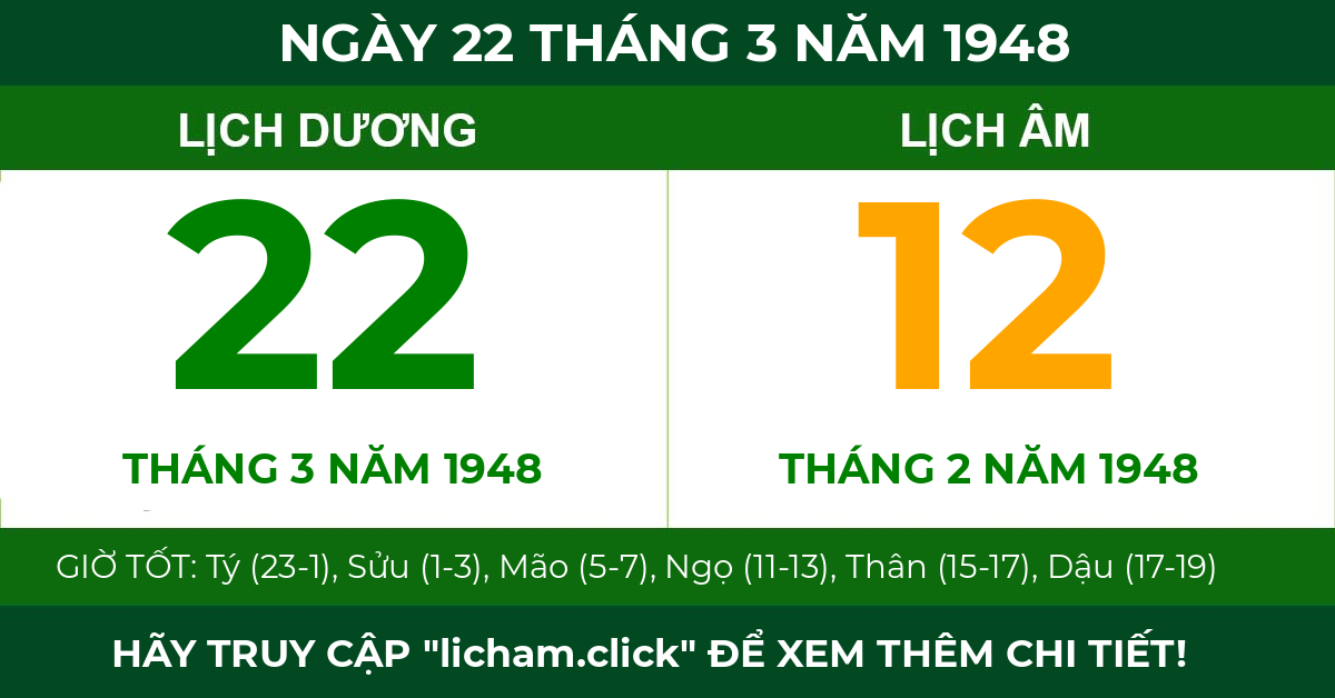 lịch âm ngày 22 tháng 3 năm 1948