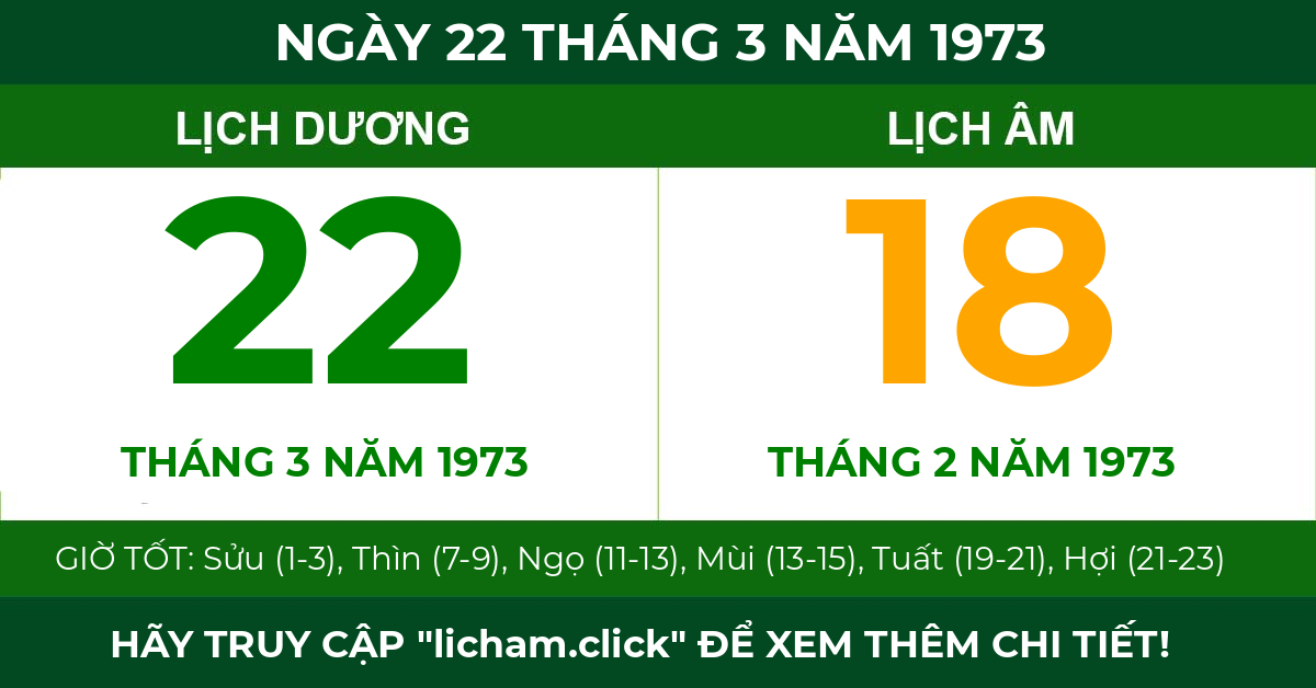 lịch âm ngày 22 tháng 3 năm 1973
