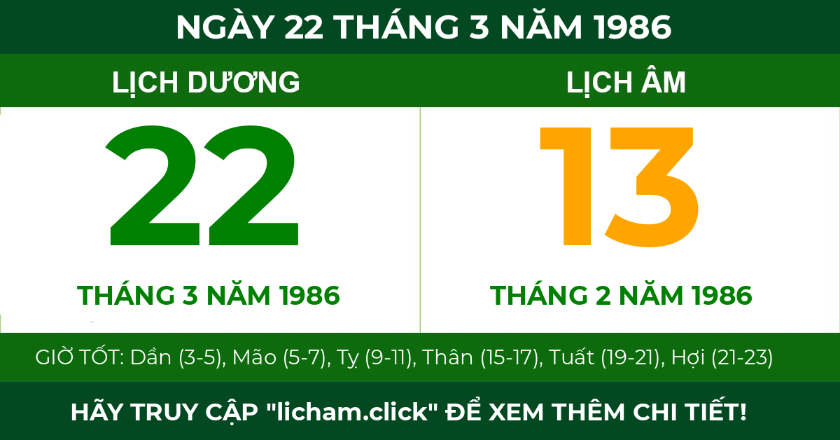 lịch âm ngày 22 tháng 3 năm 1986