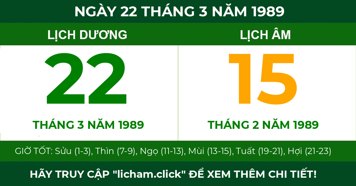 lịch âm ngày 22 tháng 3 năm 1989