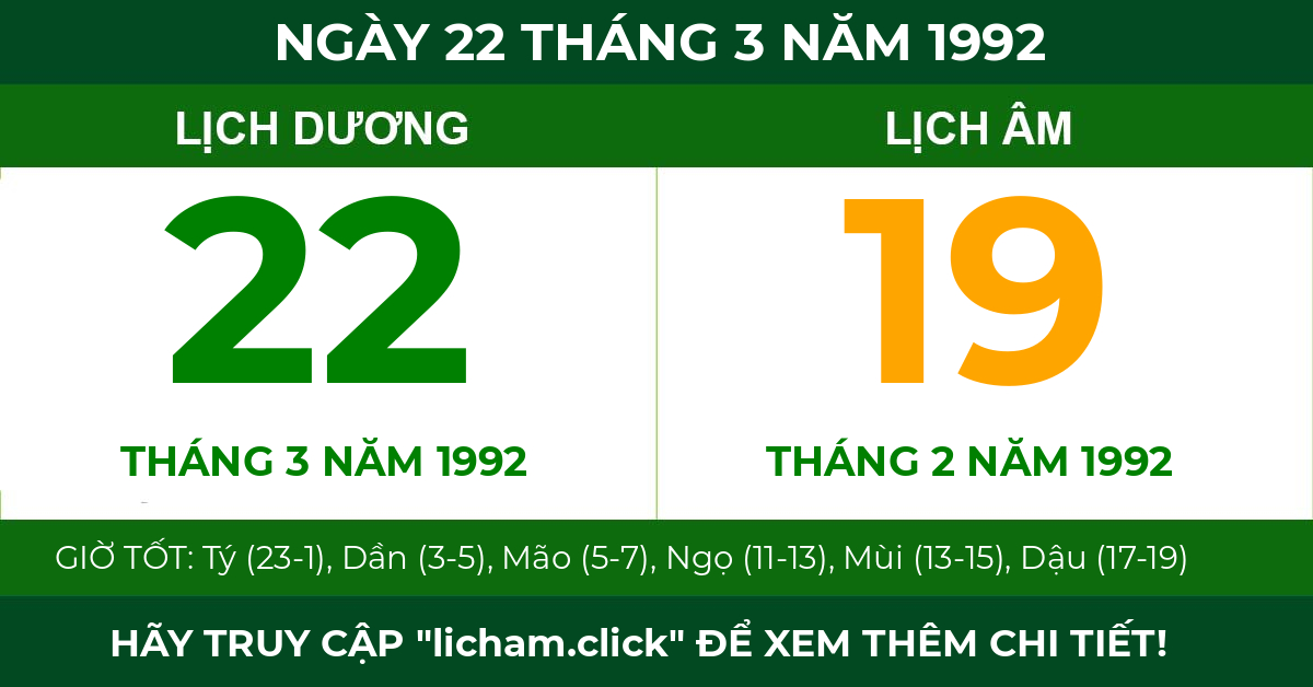 lịch âm ngày 22 tháng 3 năm 1992