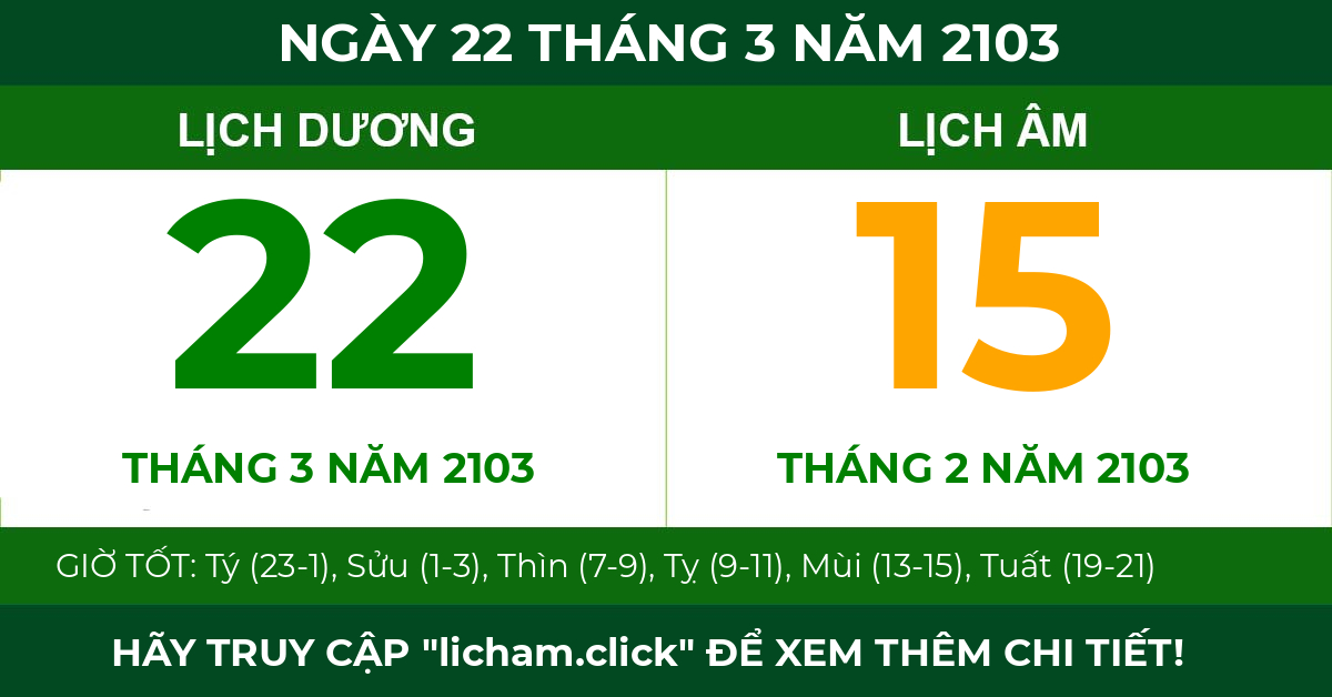 lịch âm ngày 22 tháng 3 năm 2103