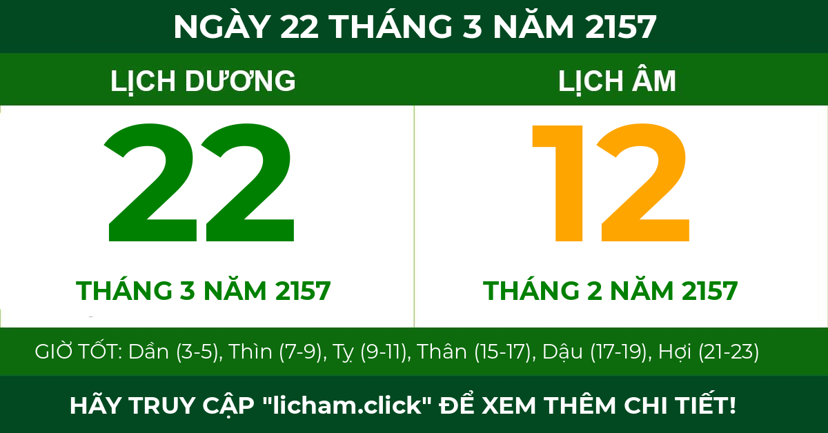 lịch âm ngày 22 tháng 3 năm 2157