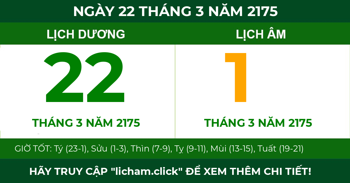 lịch âm ngày 22 tháng 3 năm 2175
